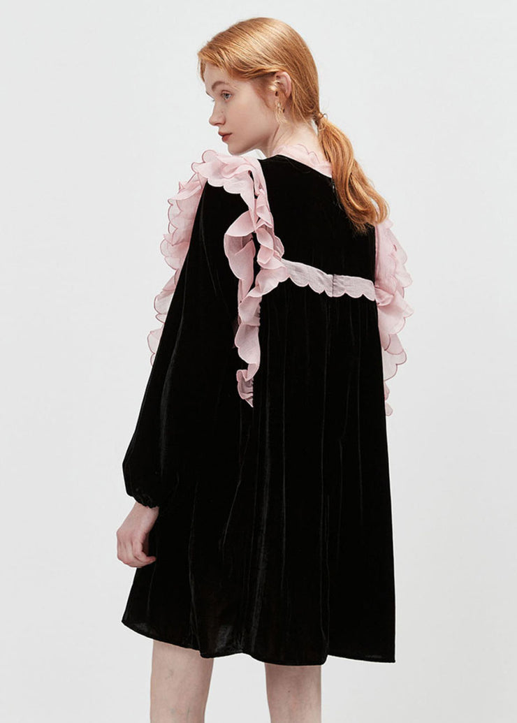 Elegant Black Stand Collar Patchwork Ruffled Velour Mid Dresses Spring