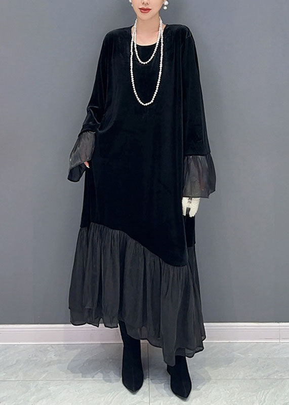 Elegant Black Tulle Patchwork Silk Velour Maxi Dress Fall