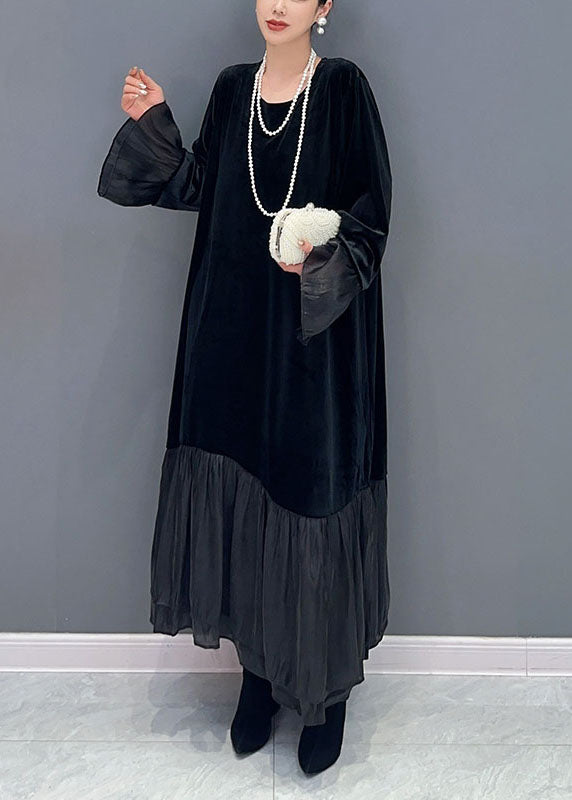 Elegant Black Tulle Patchwork Silk Velour Maxi Dress Fall