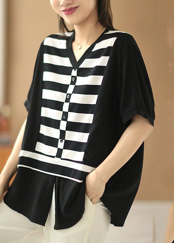 Elegant Black V Neck Patchwork Striped Silk Fake Two Piece Shirt Top Short Sleeve