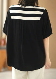 Elegant Black V Neck Patchwork Striped Silk Fake Two Piece Shirt Top Short Sleeve