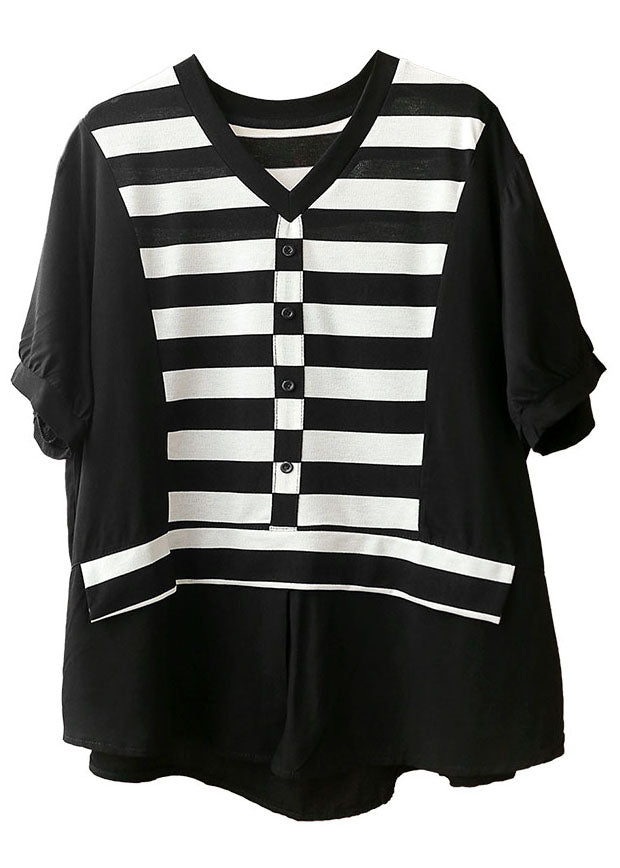 Elegant Black V Neck Patchwork Striped Silk Fake Two Piece Shirt Top Short Sleeve