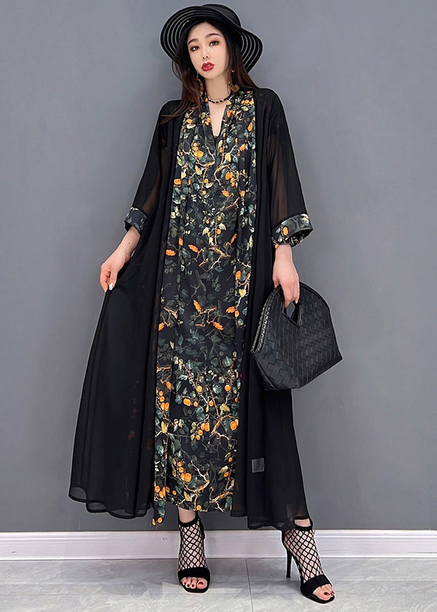 Elegant Black V Neck Print Silk Long Dress And Tulle Long Cardigan Two Pieces Set Summer