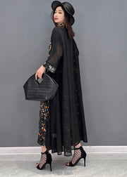 Elegant Black V Neck Print Silk Long Dress And Tulle Long Cardigan Two Pieces Set Summer