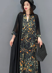 Elegant Black V Neck Print Silk Long Dress And Tulle Long Cardigan Two Pieces Set Summer