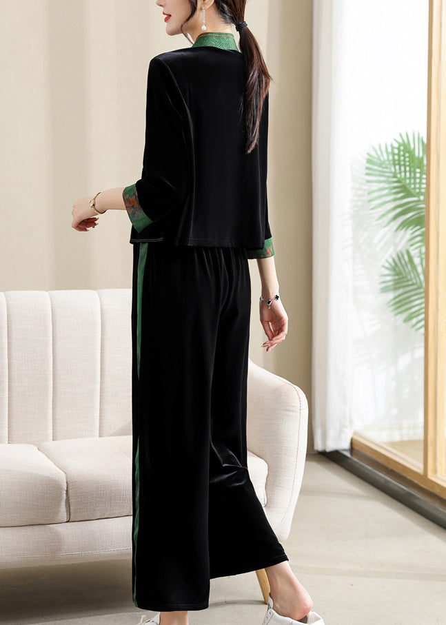 Elegant Black V Neck Print Silk Patchwork Velour Top And Wide Leg Pants Two Piece Set Long Sleeve