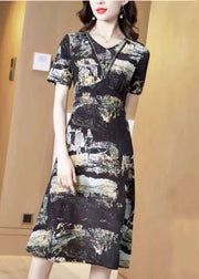 Elegant Black V Neck 2024 Print Silk Cinch Dress Short Sleeve