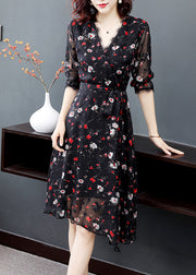 Elegant Black V Neck tie waist Print Chiffon Party Dress Half Sleeve