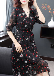 Elegant Black V Neck tie waist Print Chiffon Party Dress Half Sleeve