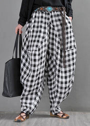 Elegant Black White Plaid Cotton Linen Harem Pants Summer - bagstylebliss