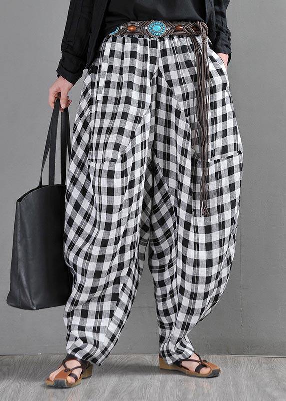 Elegant Black White Plaid Cotton Linen Harem Pants Summer - bagstylebliss