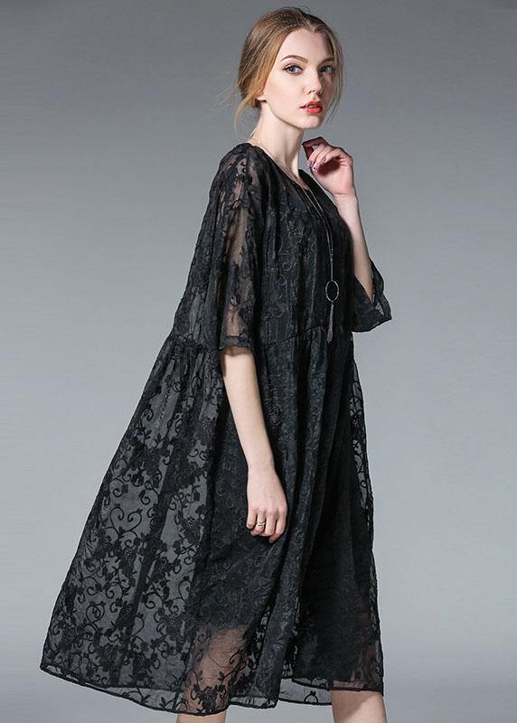 Elegant Black Wrinkled Hollow Out Summer Dress - bagstylebliss