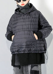 Elegant Black drawstring Hooded Pockets Fine Cotton Filled tops Winter