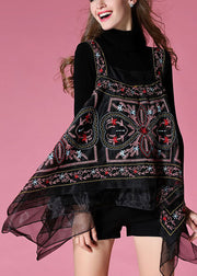 Elegant Black knit sweaters + Embroideried Print Fall Two Pieces Set