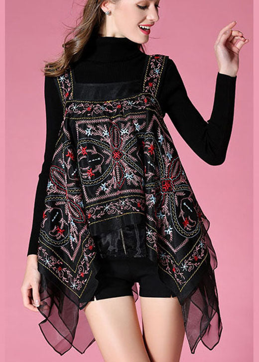 Elegant Black knit sweaters + Embroideried Print Fall Two Pieces Set