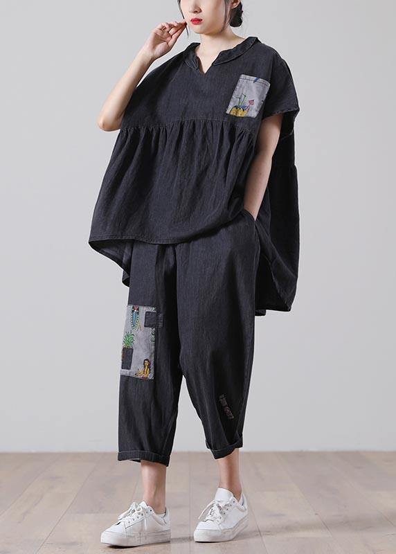 Elegant Black patchwork Pockets Cotton Two Pieces Set Summer - bagstylebliss