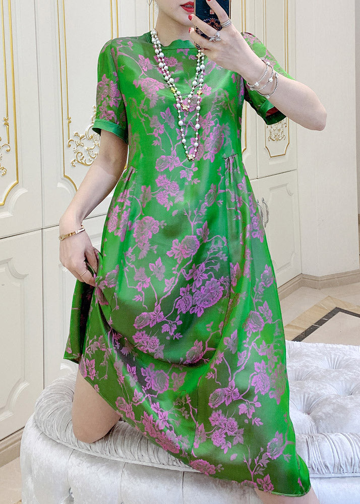 Elegant Blackish Green O-Neck Print Wrinkled Silk Dresses Short Sleeve