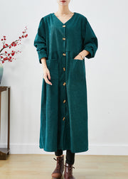 Elegant Blackish Green Oversized Pockets Corduroy Trench Fall