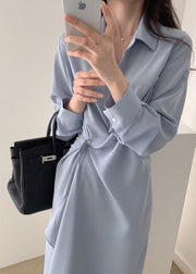 Elegant Blue Asymmetrical Cotton Holiday Dress Long Sleeve