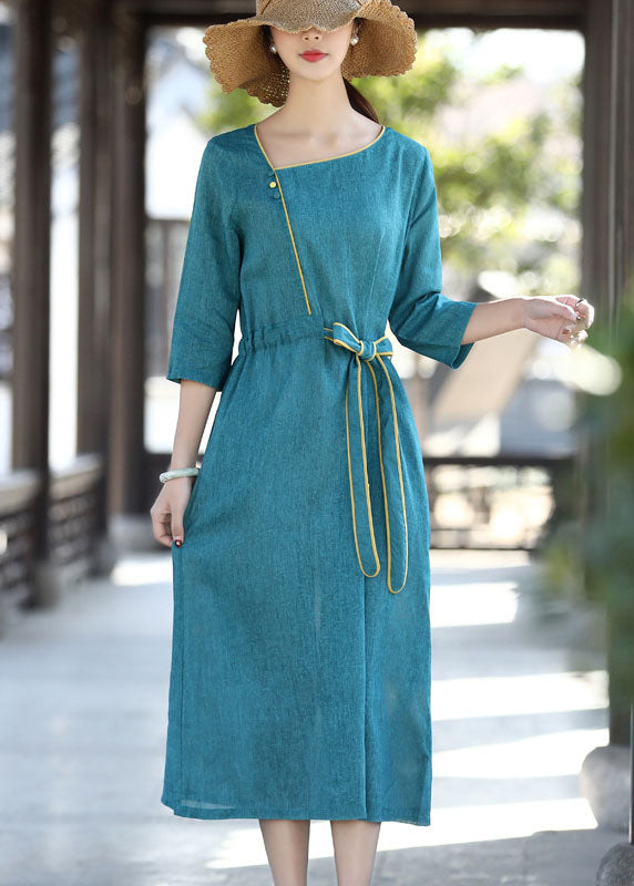 Elegant Blue Asymmetrical Patchwork Tie Waist Long Dress Half Sleeve