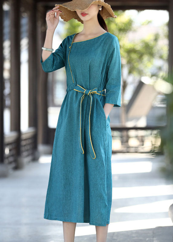 Elegant Blue Asymmetrical Patchwork Tie Waist Long Dress Half Sleeve