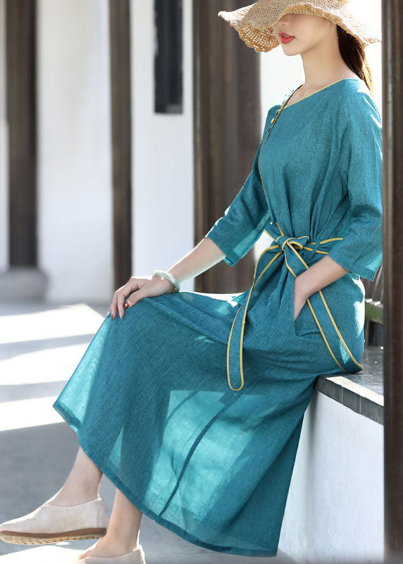 Elegant Blue Asymmetrical Patchwork Tie Waist Long Dress Half Sleeve