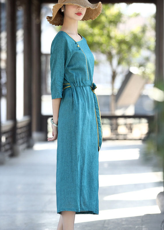 Elegant Blue Asymmetrical Patchwork Tie Waist Long Dress Half Sleeve