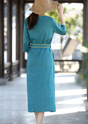 Elegant Blue Asymmetrical Patchwork Tie Waist Long Dress Half Sleeve