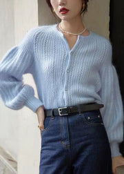 Elegant Blue Button Hollow Out Ma Hai Mao Sweaters Lantern Sleeve