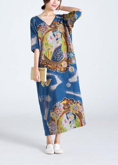 Elegant Blue Character Print Clothes O Neck Long Summer Dress - bagstylebliss