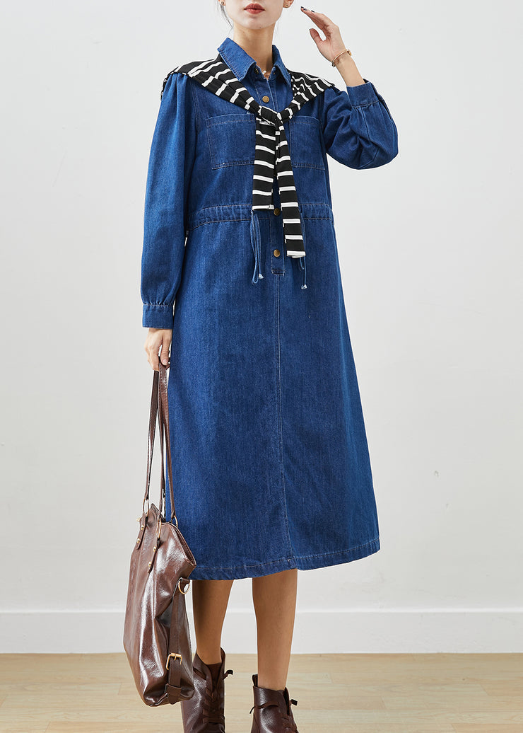 Elegant Blue Cinched Give Shawl Denim Long Dress Fall