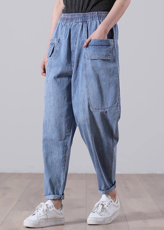 Elegant Blue Elastic Waist pockets Harem Summer Cotton Pants - bagstylebliss
