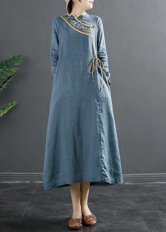 Elegant Blue Embroidery Tunic Stand Collar A Line Dress - bagstylebliss