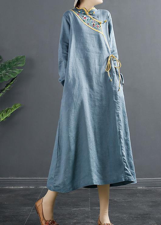 Elegant Blue Embroidery Tunic Stand Collar A Line Dress - bagstylebliss