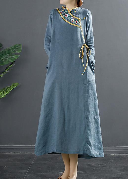Elegant Blue Embroidery Tunic Stand Collar A Line Dress - bagstylebliss