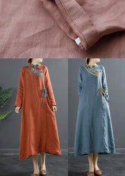 Elegant Blue Embroidery Tunic Stand Collar A Line Dress - bagstylebliss