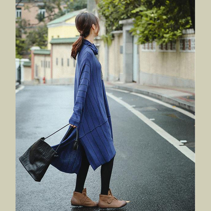 Elegant Blue High Neck Loose Fashion Sweater Dresses For Women