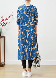 Elegant Blue Hooded Print Cotton Sweatshirts Dress Fall