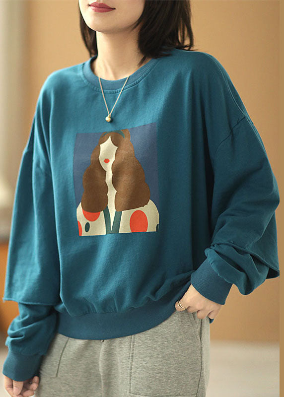 Elegantes blaues, lockeres Herbst-Sweatshirt mit O-Ausschnitt