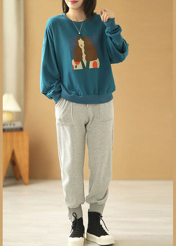 Elegant Blue Loose O-Neck Print Fall Sweatshirts Top