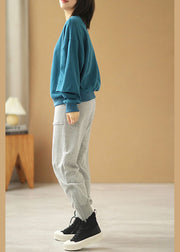 Elegant Blue Loose O-Neck Print Fall Sweatshirts Top