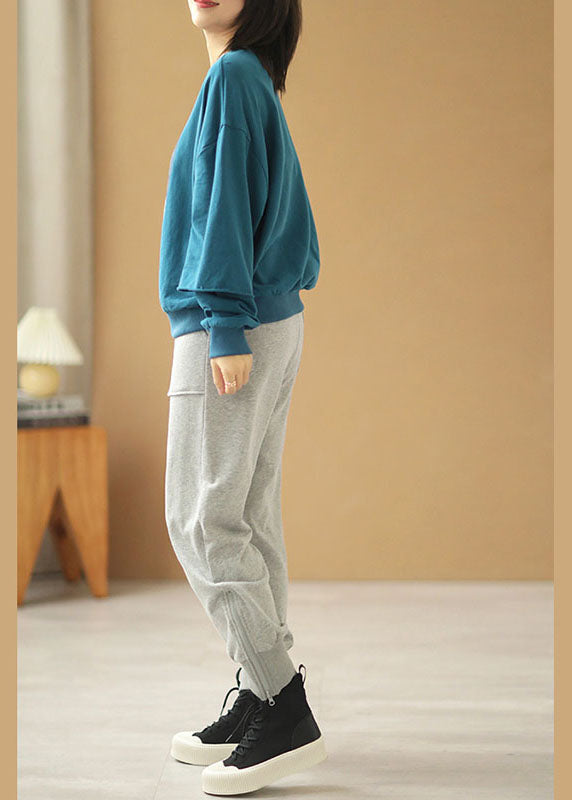 Elegant Blue Loose O-Neck Print Fall Sweatshirts Top