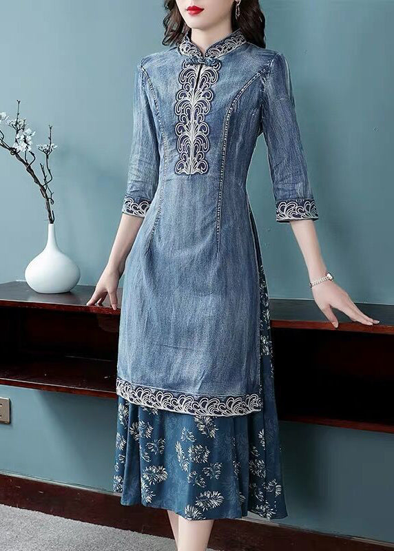 Elegant Blue Mandarin Collar Embroideried Patchwork Cotton Denim Fake Two Piece Dress Half Sleeve