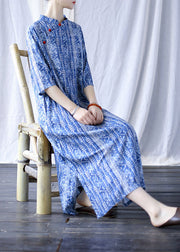 Elegant Blue Mandarin Collar Side Open Print cheongsam Dress Half Sleeve