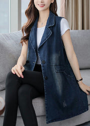 Elegant Blue Notched Patchwork Button Denim Waistcoat Fall