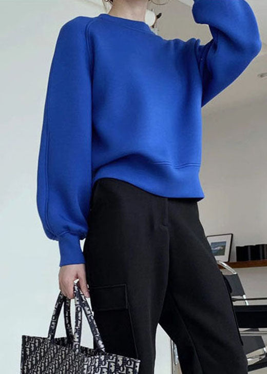 Elegantes blaues kurzes lässiges Herbst-Pullover mit O-Ausschnitt