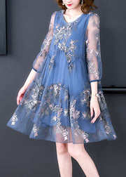 Elegant Blue O-Neck Embroidered Patchwork Tulle Vacation Dresses Half Sleeve