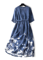 Elegant Blue O-Neck Floral Print Tie Waist Cotton Long Dresses Short Sleeve