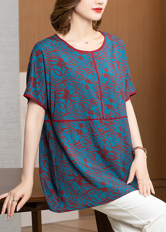 Elegant Blue O-Neck Jacquard Silk Tank Tops Short Sleeve