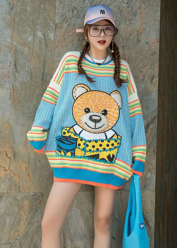 Elegant Blue O-Neck Nail Bead Patchwork Fall Loose Sweater